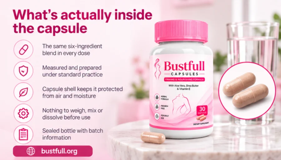 Bustfull — sealed capsule bottle with batch details