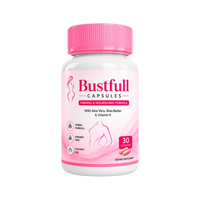 Bustfull — pink 30-capsule bottle, herbal paraben-free dietary supplement